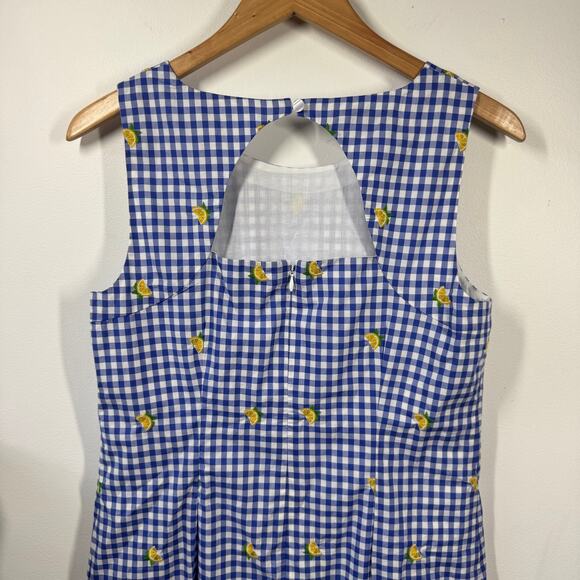 Talbots Dress Women 6 Blue Plaid Gingham Lemon Embroidery 100%Cotton Prep Shift - Picture 4 of 8